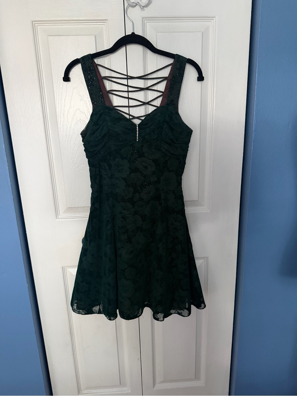Vintage Union Made Dark Green Floral Lace Fit & Flare Dress with Crisscross Back